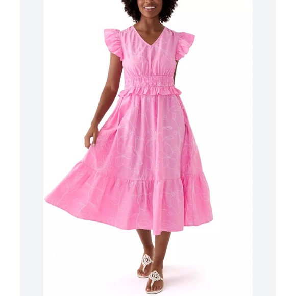 crown & ivy Dresses & Skirts - Crown & Ivy Pink Floral Embroidered Flutter Sleeve Smocked Midi Dress Womens M